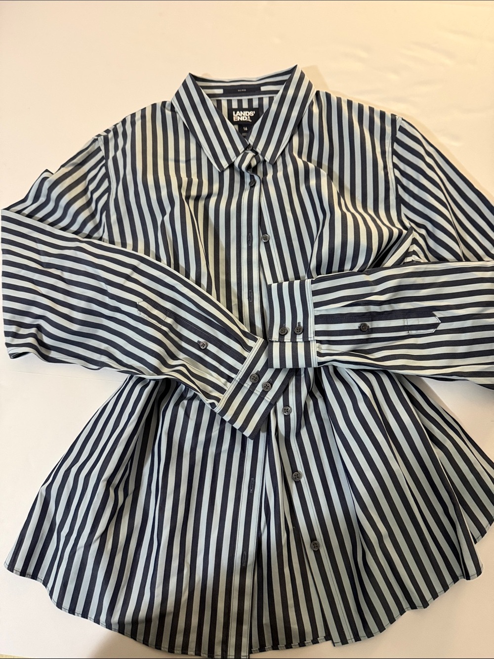 Lands' End Navy and White Vertical Stripe Button-Down Shirt